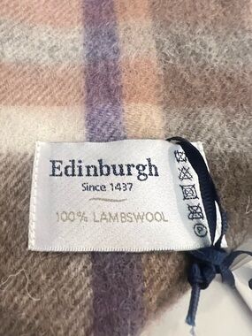 NEW Edinburgh 100% Lambswool Chequer Tartan Scarf Beige Rose Lavender Fringe
